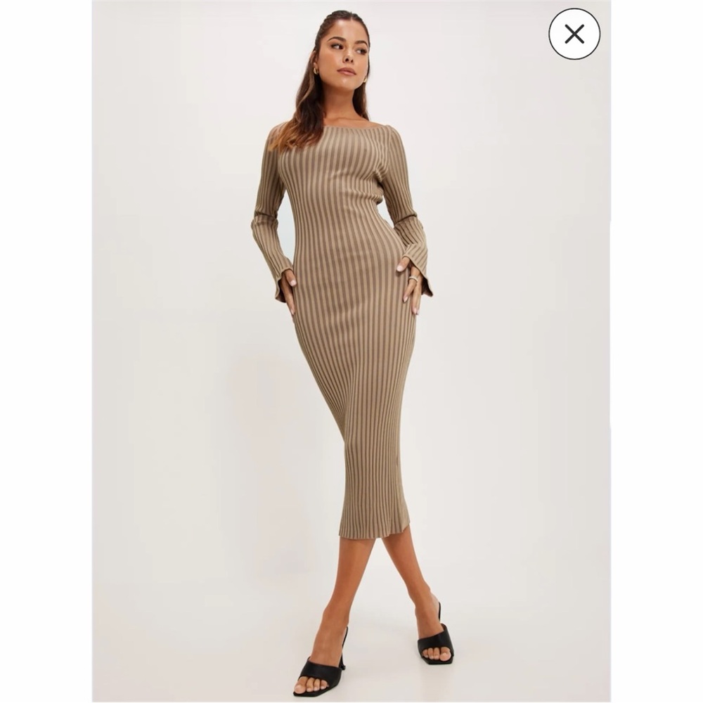 By Malina Kaia Boat Neck Ribbed Knit Cut Out Midi Dress Brown
